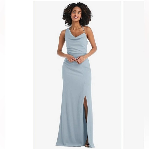 After Six One Shoulder Draped Cowl Neck Maxi Dress Blue Mist Size 12 Bridesmaid - Picture 2 of 12